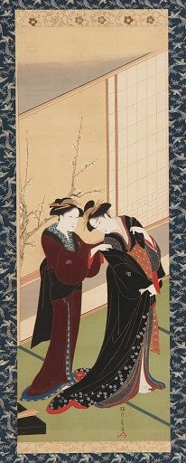 Interior: a woman helping a girl to dress