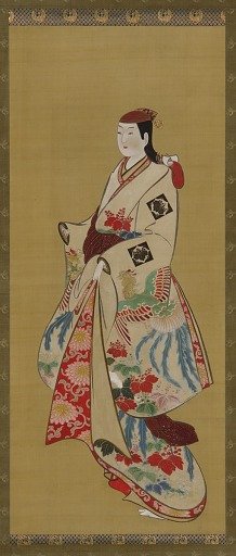 Tall girl; dress patterned with ho-o bird and kiri flowers