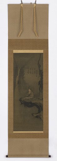 Guanyin, white robed, seated upon an over-hanging rock