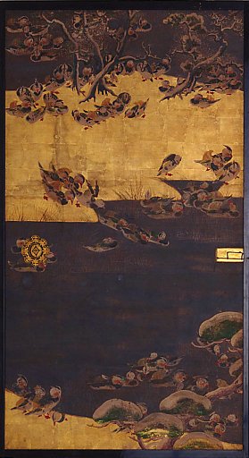 On one side mandarin ducks; on the other, poems, bamboos, storks, etc