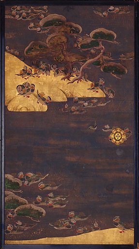 On one side mandarin ducks; on the other, poems, bamboos, storks, etc