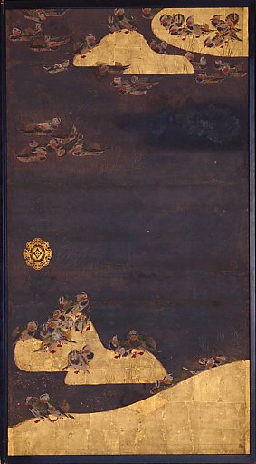 On one side mandarin ducks; on the other, poems, bamboos, storks, etc