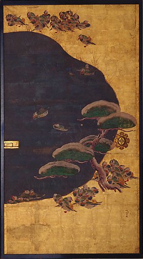 On one side mandarin ducks; on the other, poems, bamboos, storks, etc
