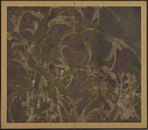 Coxcombs, maize and morning glories 鶏頭玉蜀黍朝顔図屏風