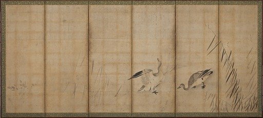 Two geese and grasses 雁図屏風
