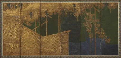Fruiting grapevines on a bamboo trellis 「葡萄棚図屏風」