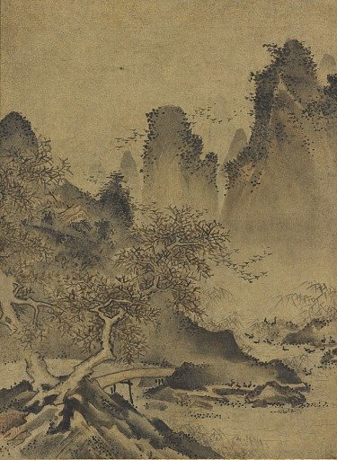 Landscape: mountains, stream and bridge