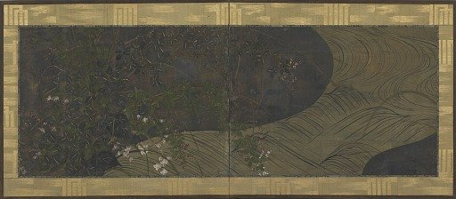 Running water, autumn grasses and flowers