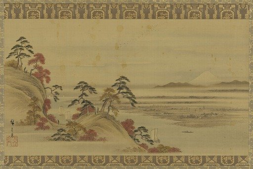 River landscape: red foliage and Mount Fuji