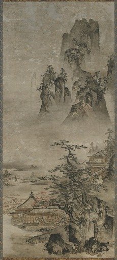 Landscape: mountains, stream and houses