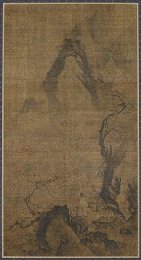 Landscape: mountain and water; a figure under a plum tree