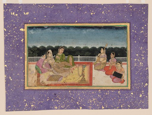 A Lady and attendant on a terrace at evening, with three women musicians