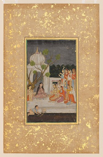Fortune-telling; a group of women on a terrace at night