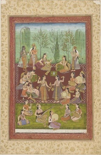 A group of women in a garden, entertaining themselves with music and dancing