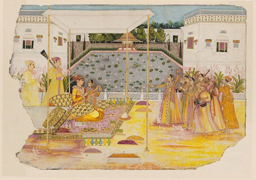 Lovers on a garden terrace; musicians and attendants
