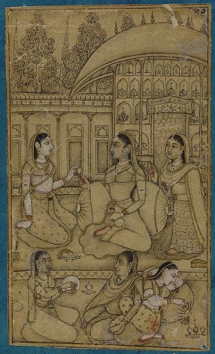 A lady and attendants seated in a courtyard
