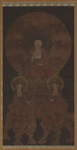 Historical Buddha Shakyamuni with the bodhisattvas Fugen (Samantabhadra) and Monju (Manjushri)