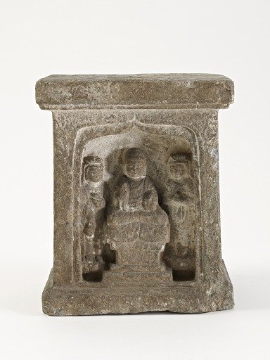 Pedestal with Buddha, bodhisattvas, and monks
