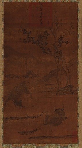 River landscape: two water buffaloes and a napping herd-boy