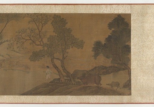 Herdboys and water buffaloes crossing a stream