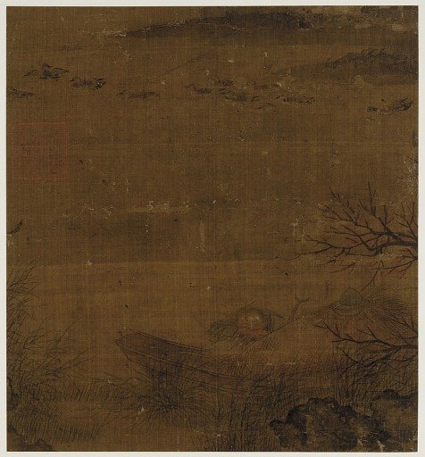 River scene: a man asleep in a boat - ducks swimming by