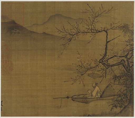 River landscape: a man reading in a boat moored under a blossoming tree