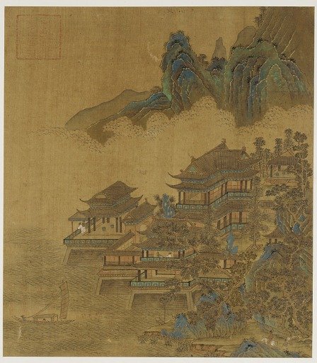Landscape: a palace between lake and mountains