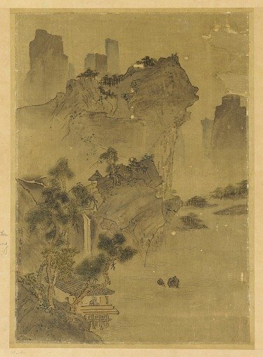 Landscape: cliffs overhanging water - pavilion and pines