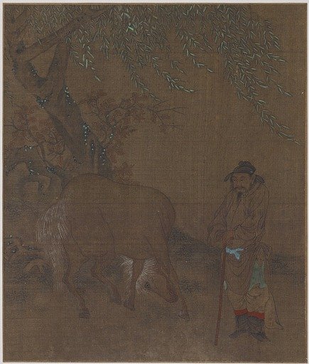 Horse and groom under a willow