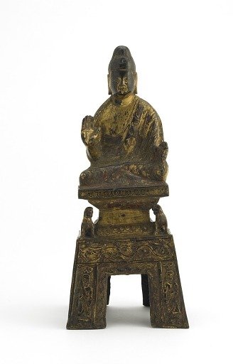 Sakyamuni Buddha seated on a lion throne