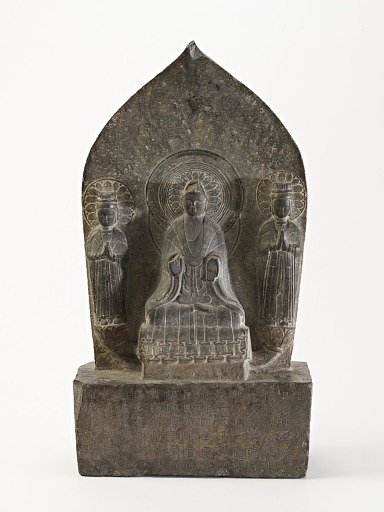 Seated Buddha (<em>Shakyamuni</em>) with standing bodhisattvas