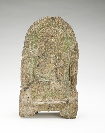 Seated Buddha (<em>Shakyamuni</em>) with bodhisattvas, monks, and lions