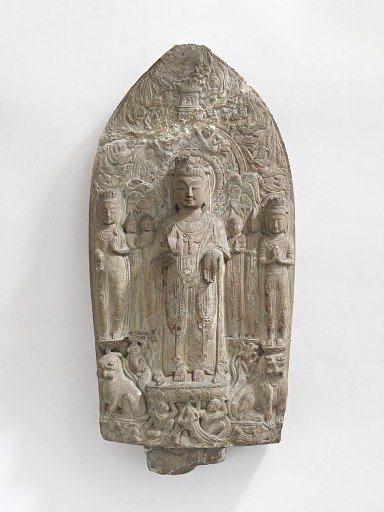 Standing bodhisattvas with monks, Pratyekabuddhas, lions, and apasaras