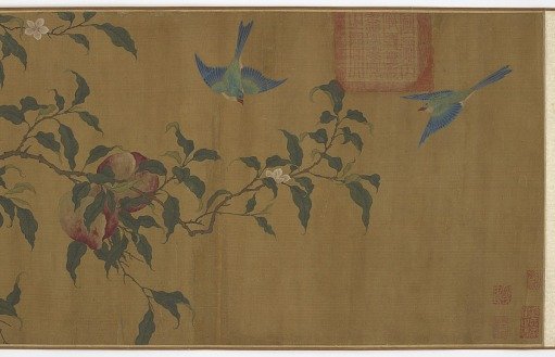 Birds among peach branches
