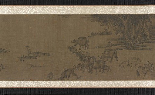 Water buffaloes and herd-boys crossing a stream