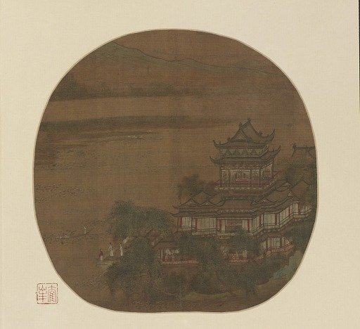 Palace by a lake and distant hills