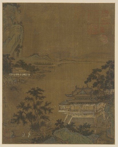 Scholar arriving at a riverside pavilion