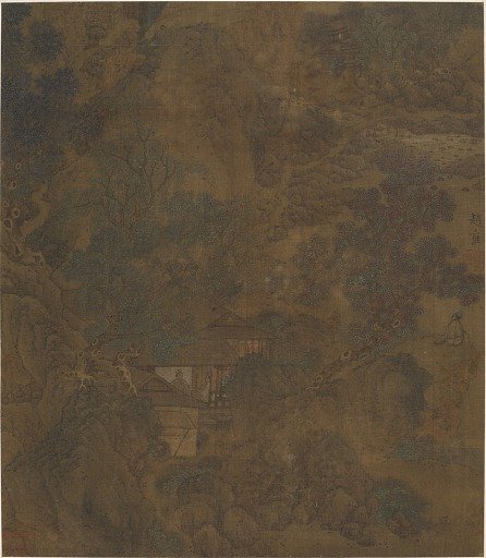 Landscape: houses and a brook in a mountain gorge