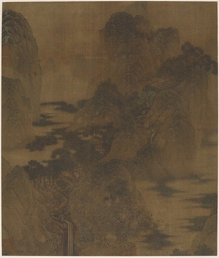 Landscape: mountain gorge, mist, a brook, and buildings