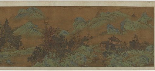 Landscape with buildings and travelers