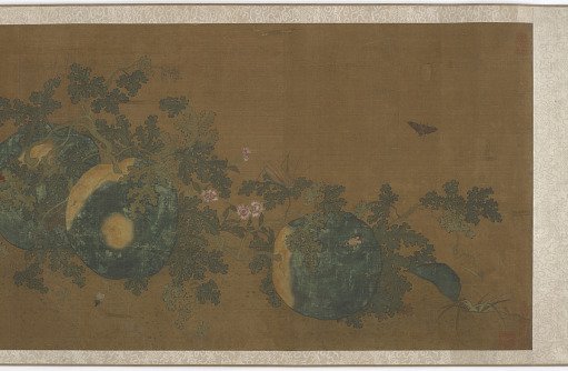 Melon vines, flowers, and insects