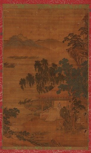 River landscape: a man in a pavilion under large trees