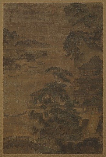 River landscape: mountains, pine-trees, and buildings