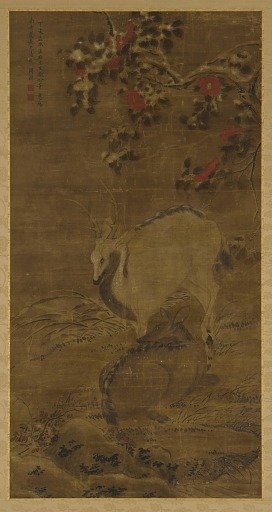 A stag, a doe, and red camellias in snow