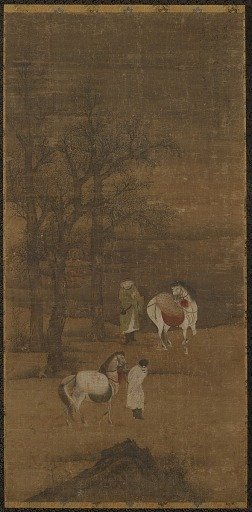 Winter landscape with horses and grooms