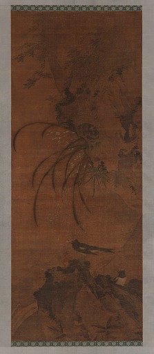 Two magpies under an orchid cliff