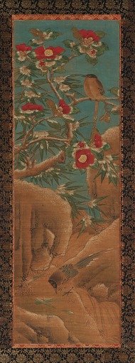 Magpies and camellias in the snow