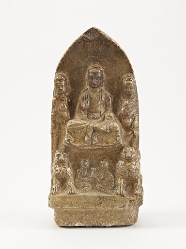 Seated Buddha with bodhisattvas, lions, and figures