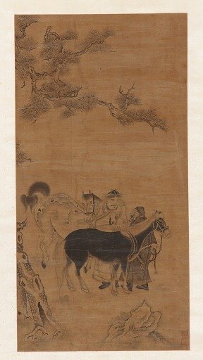 Two men and two horses under a pine tree