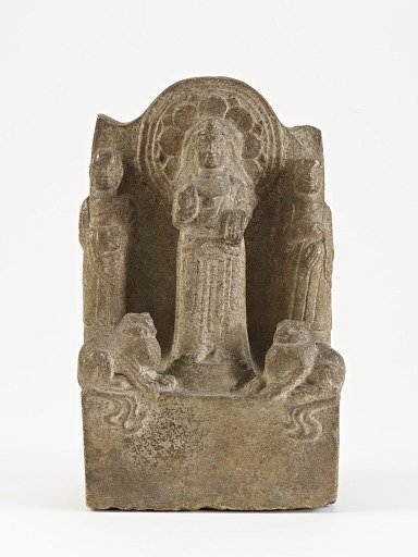 Standing Bodhisattva with two flanking monks and two lions